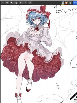 1girl art_program_in_frame ascot bat_wings blue_hair bow brooch commentary dress flat_chest flower frilled_dress frilled_hat frilled_sleeves frilled_socks frills full_body gem hat hat_bow hayakuhashireyo highres jewelry long_sleeves looking_at_viewer magicaldraw magicaldraw_(medium) mob_cap nail_polish own_hands_clasped own_hands_together red_ascot red_bow red_eyes red_gemstone red_nails red_shoes remilia_scarlet rose shoes short_hair simple_background slit_pupils smile socks solo touhou vampire white_background white_dress white_hat white_socks wings