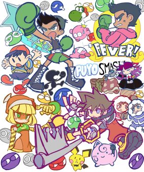 3boys 4others 6+boys absurdres baseball_cap blonde_hair boots boxing_gloves chinese_clothes dancho_no_mori dark-skinned_male dark_skin feli_(puyopuyo) gen_1_pokemon gen_2_pokemon green_eyes hat highres holding holding_weapon jigglypuff keyblade kingdom_key kirby lace-up_boots little_mac microphone min_min_(arms) mr._game_&amp;_watch multiple_boys multiple_others nana_(ice_climber) ness_(mother_2) nintendo open_mouth parody pichu piranha_plant popo_(ice_climber) punching puyo_(puyopuyo) puyopuyo puyopuyo_fever quiff sora_(kingdom_hearts) style_parody super_smash_bros. tank_top watering_can weapon yoshi