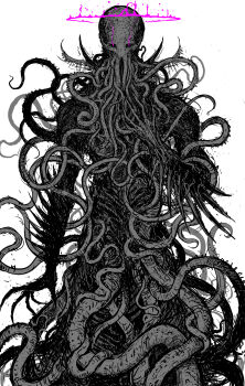 Rule 34 | 1other, absurdres, claws, colored skin, commentary, cowboy shot, dungeons &amp; dragons, english commentary, glowing, glowing eyes, greyscale, halo, hand on own chest, highres, limited palette, looking at viewer, mindflayer, monochrome, monster, mouth with tentacles, partially colored, pink halo, simple background, spaghetti-bastard, standing, tentacles, white background