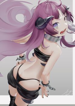 1girl absurdres adoart ass back bdsm black_horns black_nails broken broken_chain butt_crack chain chained_wrists clip_studio_paint_(medium) collar cuffs female_focus from_behind g-string grey_background heterochromia highres horns kishirika_kishirisu loli long_hair looking_at_viewer looking_back metal_collar mushoku_tensei nail_polish open_mouth purple_hair sharp_teeth shorts signature simple_background slave strapless teeth thighhighs thong tube_top two-tone_background whale_tail_(clothing) white_background