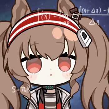 1girl angelina_(arknights) animal_ears animated animated_gif arknights black_choker blush brown_hair chinese_commentary choker chunye_haruya closed_mouth coat commentary_request confused dot_mouth dot_nose earpiece fox_ears hair_between_eyes hairband infection_monitor_(arknights) jacket long_hair lowres material_growth math_lady_(meme) meme no_pupils open_clothes open_coat open_jacket oripathy_lesion_(arknights) raised_eyebrows red_eyes red_hairband red_jacket solo star_(sky) starry_sky_background striped_clothes striped_hairband twintails two-tone_hairband upper_body white_coat