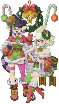 2girls alternate_costume bell belt black_hair blush boom_(pixiv_17287082) boots bow box breasts callie_(splatoon) candy candy_cane capelet christmas christmas_ornaments christmas_present cleavage detached_collar dress earrings fangs food fur_collar fur_trim gift gift_box gloves grey_hair hair_ornament hand_on_own_hip high_heel_boots high_heels highres holly inkling jewelry large_breasts looking_at_viewer marie_(splatoon) mole mole_under_eye multiple_girls nintendo open_mouth pointy_ears purple_hair ribbon short_dress single_thighhigh sitting smile splatoon_(series) standing tentacle_hair thigh_strap thighhighs twintails wreath yellow_eyes