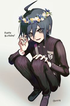 Rule 34 | 1boy, ahoge, black hair, black jacket, blush, brown eyes, buttons, collared jacket, commentary, danganronpa (series), danganronpa v3: killing harmony, flower wreath, grey background, hair between eyes, hand on own knee, happy birthday, head wreath, highres, jacket, long sleeves, looking at viewer, lower eyelashes only, male focus, oguma (ogm), pants, pinstripe jacket, pinstripe pants, pinstripe pattern, saihara shuichi, short hair, shy, simple background, smile, solo, squatting, striped clothes, striped jacket, twitter username, vertical-striped clothes