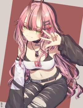 baronilu belt black_belt black_collar black_hair black_pants black_sports_bra bone_hair_ornament closed_mouth collar commentary_request detached_sleeves food-themed_hair_ornament green_eyes hair_ornament highres horns indie_virtual_youtuber inuzuka_ichigo inuzuka_ichigo_(oni) jewelry long_hair looking_at_viewer midriff multicolored_hair navel necklace oni pants pink_hair skin-covered_horns solo sports_bra strapless strawberry_hair_ornament torn_clothes torn_pants tube_top v v_over_eye virtual_youtuber white_tube_top