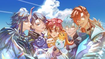 5boys 6_notfound ahoge altus_zendoji black_choker black_nails blue_background blue_eyes choker cloud cloudy_sky ear_piercing first_stage_production highres horns looking_at_viewer malim_cendari multicolored_hair multiple_boys nayuta_umbrage nix_voltare open_mouth piercing ryzar_blazenfang single_horn sky smile