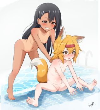 2girls absurdres animal_ears barefoot blush boppin breasts cleft_of_venus completely_nude crossover dark-skinned_female dark_skin dot_nose exercising fang feet female_focus flat_chest fox_ears fox_girl fox_tail full_body grin hands_on_another's_back headband highres ijiranaide_nagatoro-san kitsune leaning_forward loli long_hair multiple_girls nagatoro_hayase navel nipples nude one-piece_tan open_mouth pool pool_ladder pussy senko_(sewayaki_kitsune_no_senko-san) sewayaki_kitsune_no_senko-san sitting small_breasts smile soles spread_legs standing sweat sweatdrop tagme tail tan tanline teeth toes uncensored
