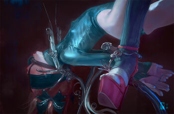 Rule 34 | 1=2, 1girl, ball gag, bdsm, blindfold, bound, brown hair, commentary, covered erect nipples, english commentary, flat chest, gag, leotard, long hair, mixed-language commentary, open mouth, original, pantyhose, platform footwear, platform heels, restrained, solo, spread legs, stirrup legwear, toeless legwear, upside-down, white pantyhose