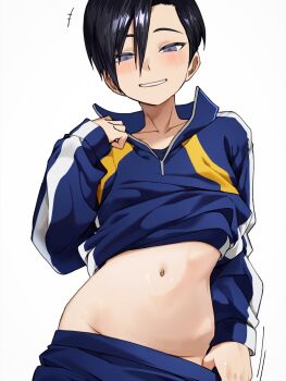 1boy asakura_shion_(m1_tsuru) asymmetrical_bangs black_hair blue_pants blue_shirt blush clothes_pull commentary_request cowboy_shot grin groin hair_between_eyes half-closed_eyes highres long_sleeves looking_at_viewer m1_tsuru male_focus midriff naughty_face navel original pants pants_pull purple_eyes shirt simple_background sleeves_past_wrists smile white_background