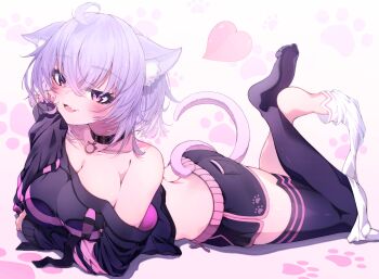 1girl :d adapted_costume ahoge animal_collar animal_ear_fluff animal_ears arm_under_breasts asymmetrical_legwear black_collar black_hoodie black_shorts black_thighhighs blush breasts cat_ears cat_girl cat_tail cleavage collar commentary cropped_hoodie crossed_ankles crossed_bangs dolphin_shorts double-parted_bangs drawstring fang full_body hair_between_eyes head_rest heart highres hololive hood hoodie large_breasts looking_at_viewer lying median_furrow messy_hair mismatched_legwear nail_polish nekomata_okayu nekomata_okayu_(1st_costume) no_shoes on_stomach open_mouth paw_print paw_print_background pink_nails purple_eyes purple_hair revision sho_me_1853 short_hair short_shorts shorts single_off_shoulder skin_fang smile solo tail the_pose thighhighs thighhighs_pull virtual_youtuber white_thighhighs
