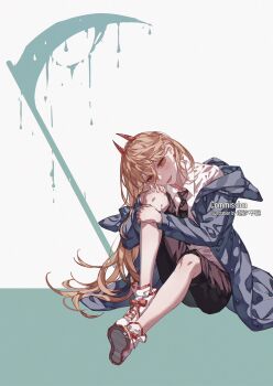 1girl black_necktie black_pants blonde_hair blue_coat chainsaw_man chaoxibumian coat collared_shirt commission demon_girl full_body hair_between_eyes highres horns hugging_own_legs long_hair long_hair_between_eyes necktie pants pants_rolled_up parted_lips power_(chainsaw_man) red_eyes red_horns scythe sharp_teeth shirt shoes sitting smile sneakers solo teeth white_shirt white_shoes