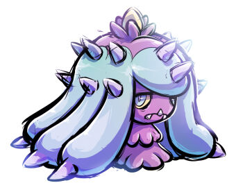 Rule 34 | blue eyes, colored sclera, fangs, gen 7 pokemon, looking at viewer, mareanie, nintendo, no humans, pokemon, pokemon (creature), simple background, solo, spikes, thumpleweed, white background, yellow sclera