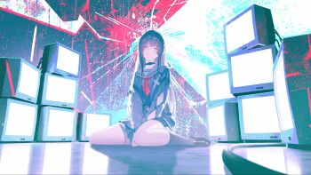 Rule 34 | 1girl, arm cutout, black choker, black hair, black jacket, black shirt, black socks, chinese commentary, chisa (wuthering waves), choker, clothing cutout, commentary request, crt, hair ribbon, highres, jacket, long hair, long sleeves, mogamigawa (mwft8758), neckerchief, parted lips, partial commentary, red eyes, red neckerchief, red ribbon, reflective floor, ribbon, sailor collar, shirt, sitting, socks, solo, thigh strap, wariza, white sailor collar, wuthering waves