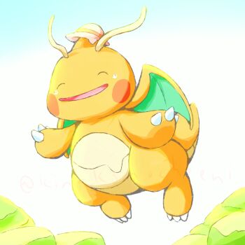 ^_^ antennae blue_sky blush blush_stickers closed_eyes clothed_pokemon commentary_request day ditto dragon dragon_wings dragonite female_protagonist_(pokemon_pokopia) flying full_body gen_1_pokemon hat highres horns kinakomochi_(kazuna922) male_protagonist_(pokemon_pokopia) nintendo open_mouth outdoors pokemon pokemon_(creature) pokemon_focus pokemon_pokopia single_horn sky smile solo transformed_ditto white_hat wings