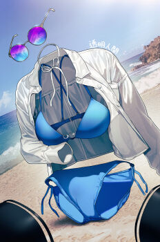 1girl beach bikini black_thighhighs blue_bikini commentary_request day dutch_angle highres horizon invisible jacket nishizawa ocean original purple-tinted_eyewear side-tie_bikini_bottom sitting solo swimsuit thighhighs tinted_eyewear white_jacket