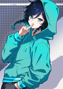 1boy absurdres aqua_eyes aqua_hair aqua_hoodie black_hair black_pants blush braid closed_mouth genshin_impact gradient_hair highres hood hoodie lkari_shi long_hair long_sleeves male_focus multicolored_hair pants pointing pointing_at_self smile solo twin_braids venti_(genshin_impact)