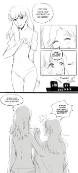 2girls age_difference blush breasts clothes_lift coffee coffee_mug cup d.va_(overwatch) english_text facial_mark giji-p long_hair mercy_(overwatch) monochrome mug multiple_girls overwatch overwatch_1 panties shirt shirt_lift teasing topless_female underwear yuri