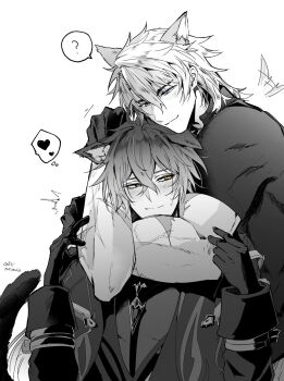 2boys ? animal_ear_fluff animal_ears arms_around_neck cat_boy cat_ears cat_tail closed_mouth coat commentary_request dog_boy dog_ears flins_(genshin_impact) genshin_impact greyscale highres kemonomimi_mode long_sleeves looking_at_another looking_down looking_to_the_side male_focus mirrrrr monochrome multiple_boys muscular muscular_male scar scar_on_arm shirt short_sleeves sideways_glance simple_background sleeve_cuffs smile speech_bubble spoken_question_mark tail tail_wagging thought_bubble upper_body varka_(genshin_impact) white_background yaoi