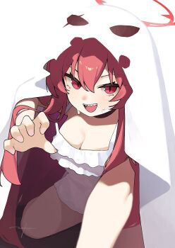 blue_archive breasts cleavage dress ghost_costume halo highres loah_66 rabu_(blue_archive) red_eyes red_hair red_halo sharp_teeth teeth white_background white_dress