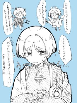 3boys angel_and_devil angel_wings armor arms_at_sides blank_eyes blue_background blunt_ends bodysuit cape chibi closed_mouth clothing_cutout crossed_arms demon_boy demon_horns demon_wings detached_wings facing_another facing_viewer fork furisode gem genshin_impact geta greyscale_with_colored_background halo hatching_(texture) highres holding holding_fork holding_wand horns japanese_armor japanese_clothes kariginu kimono kote layered_sleeves light_blush long_sleeves looking_at_another male_focus multiple_boys multiple_persona open_clothes open_kimono outstretched_arms parted_bangs pom_pom_(clothes) pon_oi4 scaramouche_(genshin_impact) scaramouche_(kabukimono)_(genshin_impact) shorts shoulder_cutout shoulder_peek sketch speech_bubble spread_arms string sweatdrop translation_request turtleneck turtleneck_bodysuit vision_(genshin_impact) wand wanderer_(genshin_impact) wings wispy_bangs