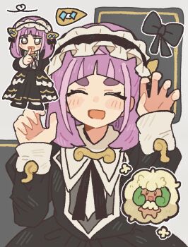 1girl arched_bangs black_bow black_dress blush bow brown_eyes closed_eyes dress gen_5_pokemon hair_ornament hairclip han0579 highres lacey_(fall_2025)_(pokemon) lacey_(pokemon) long_sleeves looking_at_viewer maid_headdress nintendo official_alternate_costume open_mouth pink_hair pokemon pokemon_(creature) pokemon_masters_ex red_eyes smile whimsicott white_headdress