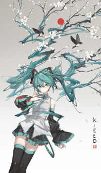 1girl absurdly_long_hair aqua_eyes aqua_hair aqua_necktie arm_tattoo bare_shoulders bird black_skirt black_sleeves black_thighhighs blush branch closed_mouth flower hair_between_eyes hatsune_miku highres kieed long_hair looking_at_viewer necktie number_tattoo pleated_skirt shirt sidelocks skirt solo tattoo thighhighs twintails very_long_hair vocaloid white_flower white_shirt zettai_ryouiki
