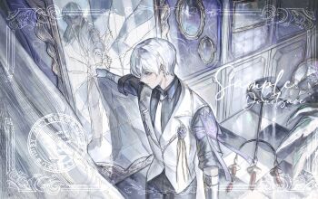 1boy arm_guards black_shirt blue_eyes border broken_glass candlestand curtains different_reflection earrings exhausted feet_out_of_frame flower_pin from_above full-length_mirror glass head_tilt highres indoors jewelry mei_mezu mirror necktie original ornate_border portrait_(object) punching reflection shirt short_hair sleeves_rolled_up standing vest wainscoting white_hair white_necktie white_vest