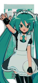 1girl 3d :d absurdres alternate_costume animasa_model_(mikumikudance) antenna_hair apron aqua_eyes aqua_hair aqua_necktie black_dress black_gloves black_thighhighs border cowboy_shot dress enmaided fingerless_gloves gloves hair_between_eyes hair_ornament hatsune_miku highres holding holding_tray kio_(majin_kz) long_hair looking_at_viewer maid maid_headdress mikumikudance_(medium) necktie open_mouth smile textless_version thighhighs tray twintails variant_set vocaloid waving white_apron white_border zettai_ryouiki
