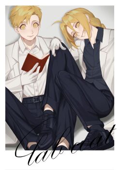 Rule 34 | 2boys, ahoge, alphonse elric, belt, black belt, black pants, black shirt, black shoes, blonde hair, book, braid, braided ponytail, brothers, buttons, cbow, closed mouth, collared shirt, commentary request, curtained hair, edward elric, fullmetal alchemist, grin, highres, holding, holding book, lab coat, long hair, looking at viewer, male focus, multiple boys, pants, polaroid photo, shirt, shirt tucked in, shoes, short hair, siblings, sitting, smile, white shirt, yellow eyes