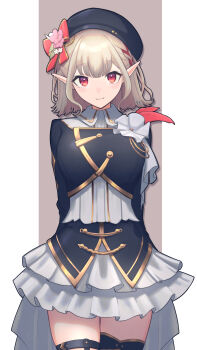 1girl absurdres aiguillette arms_behind_back beret black_hat black_vest blonde_hair bow braid cowboy_shot cropped_vest elf elu_(nijisanji) gold_trim hair_bow hashtag-only_commentary hat highres idol_clothes layered_shirt layered_skirt long_sleeves looking_at_viewer miniskirt multicolored_hair nijisanji nijisanji_idol_uniform norinki_(ringknightsaki) pointy_ears red_eyes shirt short_hair side_braid skirt smile streaked_hair thigh_strap thighhighs vest virtual_youtuber white_shirt white_skirt wing_collar zettai_ryouiki