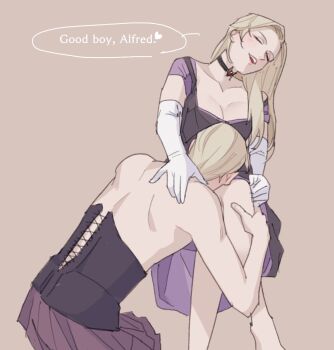1boy 1girl alexia_ashford alfred_ashford blonde_hair blue_eyes blush breasts choker cleavage crossdressing gloves highres incest mmyaaym purple_background resident_evil resident_evil_-_code:_veronica siblings twincest twins white_gloves worship