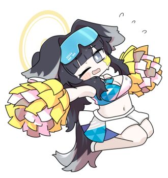1girl animal_ears black_hair blue_archive blush_stickers breasts cheerleader chibi cleavage dog_ears dog_girl dog_tail flying_sweatdrops full_body goggles goggles_on_head hibiki_(blue_archive) hibiki_(cheer_squad)_(blue_archive) large_breasts long_hair miranofuudoria navel one_eye_closed open_mouth pleated_skirt pom_pom_(cheerleading) shoes simple_background skirt solo star_(symbol) tail very_long_hair wavy_mouth white_background white_shoes white_skirt