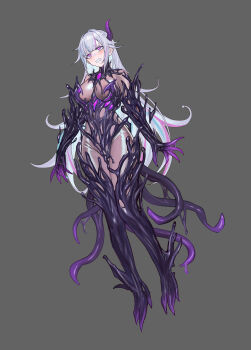 1girl absurdres bodysuit breasts clenched_teeth commentary_request commission corruption elbow_gloves full_body gloves grey_background grey_hair heart heart-shaped_pupils highres horns implied_sex latex latex_bodysuit long_hair medium_breasts original purple_eyes second-party_source see-through_bodysuit see-through_clothes shen_hai_ichigo shiny_clothes single_horn solo symbol-shaped_pupils tail teeth tentacle_clothes tentacles thighhighs variant_set very_long_hair