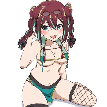 1girl akoya_matama alternate_costume aqua_eyes aqua_hair aqua_skirt bare_hips bikini black_thighhighs blush braid breasts brown_hair collarbone dot_nose embarrassed eyelashes feet_out_of_frame female_focus fishnet_thighhighs fishnets hand_up large_breasts loco_musica mahou_shoujo_ni_akogarete medium_hair multicolored_hair one_(pixiv92832278) open_mouth simple_background sitting skirt smile solo streaked_hair swimsuit thighhighs twin_braids two-tone_hair wariza white_background