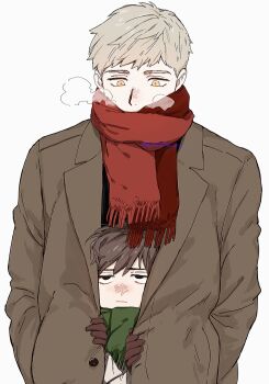 2boys absurdres alternate_costume black_eyes blonde_hair breath brown_coat brown_gloves brown_hair chilchuck_tims coat cold dungeon_meshi gloves green_scarf highres laios_touden long_sleeves male_focus multiple_boys orange_eyes red_scarf runny_nose scarf shared_clothes shared_coat simple_background snot zarame_pfpf