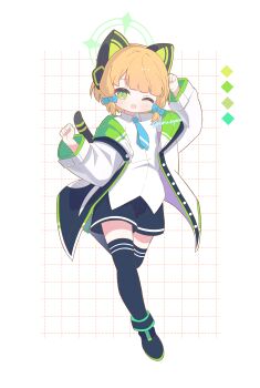 Rule 34 | 1girl, absurdres, animal ear headphones, animal ears, black boots, black jacket, black shorts, black tail, black thighhighs, blonde hair, blue archive, blue bow, blue necktie, blush, boots, bow, buttons, cat ear headphones, cat ears, cat tail, collared shirt, commentary request, curled fingers, fake animal ears, fake tail, full body, green eyes, green halo, green jacket, grid background, hair bow, halo, hands up, headphones, highres, hood, hooded jacket, jacket, leg up, long sleeves, looking at viewer, low-tied sidelocks, midori (blue archive), multicolored jacket, necktie, one eye closed, open clothes, open jacket, open mouth, parted bangs, running, ruru nyano, shirt, short hair, shorts, sidelocks, simple background, smile, solo, tail, thighhighs, twitter username, two-sided fabric, two-sided jacket, unbuttoned, untucked shirt, white background, white jacket, white shirt