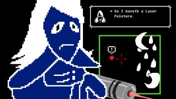 aiming battle crescent_moon deltarune frown heart kris_(deltarune) laser laser_pointer laser_pointer_projection moon non-web_source old_english_text rouxls_kaard utdr_(toby_fox) water_drop weather