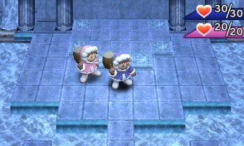 1boy 1girl 3d blue_coat brown_hair coat fake_screenshot fur-trimmed_coat fur-trimmed_hood fur-trimmed_sleeves fur_trim game_screenshot gameplay_mechanics hammer health_bar holding holding_hammer holding_mallet hood hood_up ice_climber indoors lowres mallet mariocraft31 nana_(ice_climber) nintendo pillar pink_coat popo_(ice_climber) short_hair tile_floor tiles user_interface