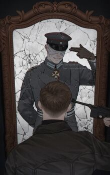 1boy artist_name bandaged_head bandages bandages_over_eyes belt black_background black_hat black_jacket broken_glass broken_mirror brown_gloves chinese_commentary cockade collar_tabs collared_jacket commentary commentary_request cross different_reflection english_commentary facing_another facing_away finger_gun finger_on_trigger from_behind glass gloves grey_hat grey_jacket gun gun_to_head handgun hat highres holding holding_gun holding_weapon imminent_suicide imperial_german_army jacket latin_commentary long_sleeves male_focus maltese_cross mauser_c96 medal military military_hat military_uniform mirror mixed-language_commentary multicolored_hat original peaked_cap ptsd red_trim reflection skyleranderton upper_body watermark weapon white_belt world_war_i