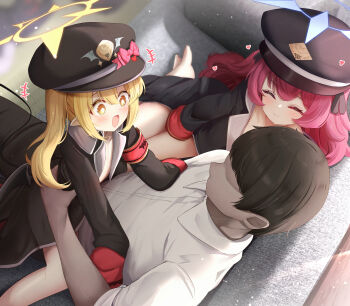 1boy 2girls :d ^_^ absurdres age_difference black_hair blonde_hair blue_archive blue_halo closed_eyes closed_mouth cowgirl_position ffm_threesome flasher_(flasher_ura) flat_chest girl_on_top group_sex halo highres ibuki_(blue_archive) iroha_(blue_archive) loli long_hair looking_at_another multiple_girls open_mouth paid_reward_available red_hair sex shirt smile straddling threesome variant_set white_shirt yellow_eyes yellow_halo