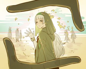 1boy 1other 5girls album_cover_redraw amiya_(arknights) arknights arm_at_side beach blue_eyes bracelet closed_mouth derivative_work doctor_(arknights) finger_frame gold_bracelet green_robe highres hood jewelry kal&#039;tsit_(arknights) limbus_company ling_(arknights) looking_at_viewer looking_back mayors_(project_moon) mili_(band) misg1111 multiple_girls outdoors pointy_ears project_moon robe shore skadi_(arknights) tian_tian_(mili) waving_hands white_hair