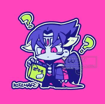 1boy ? arm_at_side chibi chibi_only claws closed_mouth commentary_request confused devil_jin facial_mark forehead_mark full_body highres horns kazama_jin kotorai male_focus no_nose outline pink_background signature simple_background solo tekken translation_request v-shaped_eyebrows white_outline wings