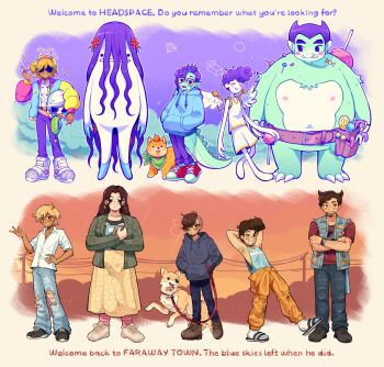 4girls 6+boys :d absurdly_long_hair absurdres ahoge alternate_universe angel_(omori) animal ankle_boots arm_hair armpit_hair armpits arms_at_sides arms_behind_head asymmetrical_hair bandana bandana_around_neck bare_arms bare_shoulders barefoot beard belt berly_(omori) black_pants black_sandals black_shoes blonde_hair blue_hoodie blue_jacket blue_pants blue_tank_top blush_stickers book boots border breasts bright_pupils brother_and_sister brown_belt brown_hair brown_shoes bush buttons candy candy_cane charlene_(omori) closed_mouth collared_jacket collared_shirt colored_skin commentary crossed_arms dark-skinned_female dark-skinned_male dark_skin denim denim_jacket dinosaur_boy dinosaur_girl dog double-breasted drawstring dress dual_persona english_commentary english_text facial_hair fat fat_man flat_chest floral_print floral_print_dress flower food fruit full_body glasses green_bandana green_jacket green_skin grey_shirt grin hair_flower hair_ornament hairband hand_on_own_hip hands_in_pockets hector_(omori) highres holding holding_book holding_candy holding_food holding_leash holding_lollipop hood hood_down hoodie hugging_book hugging_object jacket jeans kim_(omori) large_breasts leash lollipop long_dress long_hair long_sleeves looking_at_viewer looking_to_the_side mikal_(omori) mikhael_(omori) mole mole_under_eye mouth_hold multiple_boys multiple_girls omori open_clothes open_jacket open_mouth orange_(fruit) orange_pants orange_sky outline pants pink_hairband pink_socks power_lines print_dress puffy_long_sleeves puffy_sleeves purple_hair purple_pants purple_sky rectangular_eyewear red-framed_eyewear red_flower red_shirt red_shoes sandals shaded_face sharleen_(omori) shirt shoelaces shoes short_hair short_sleeves shorts siblings sidecut sideways_glance simple_background sky sleeveless sleeveless_jacket smile socks solid_circle_eyes sparkle standing standing_on_one_leg swirl_lollipop tail tank_top tomboy torn_clothes torn_jeans torn_pants tusks undercut utility_pole van_(omori) vance_(omori) very_long_hair very_short_hair white_boots white_jacket white_outline white_pupils white_shirt white_shoes white_shorts white_skin white_socks white_tank_top white_wings wings wrapped_candy yellow_border yellow_dress yellow_trim zipsunz