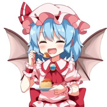 Rule 34 | 1girl, :d, ascot, back bow, bat wings, blue hair, blush, bow, closed eyes, collared shirt, commentary request, eating, facing viewer, food, frilled shirt collar, frilled wrist cuffs, frills, hat, hat ribbon, holding, holding plate, holding spoon, mob cap, open mouth, pink hat, pink shirt, plate, pudding, red ascot, red bow, red ribbon, remilia scarlet, ribbon, ruu (tksymkw), shirt, short hair, short sleeves, simple background, smile, solo, spoon, touhou, upper body, white background, wings, wrist cuffs