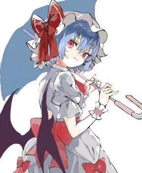 1girl ascot back_bow bat_wings black_wings blue_hair blue_umbrella bow closed_mouth commentary_request cowboy_shot dress dress_bow expressionless eyelashes fang fang_out frilled_headwear frilled_sleeves frilled_wrist_cuffs frills hair_between_eyes hat hat_bow holding holding_umbrella konabetate light_blush looking_at_viewer looking_back mob_cap puffy_short_sleeves puffy_sleeves red_ascot red_bow red_eyes red_wrist_cuffs remilia_scarlet short_hair short_sleeves simple_background skin_fang slit_pupils solo standing touhou umbrella umbrella_over_shoulder vampire white_background white_dress white_hat wings wrist_cuffs