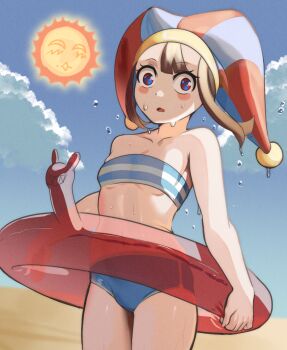 1girl :o bare_shoulders bikini blue_bikini blue_eyes blush_stickers breasts brown_hair cloud collarbone cowboy_shot day hat innertube jester_cap multicolored_eyes nico-mo outdoors pomni_(the_amazing_digital_circus) red_eyes shiny_skin small_breasts striped_bikini striped_clothes sun sweat swim_ring swimsuit the_amazing_digital_circus