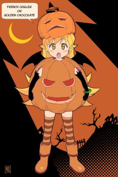 1girl :o artist_name bakemonogatari bare_tree bat_wings black_background black_gloves black_hat blonde_hair blush_stickers boots bracelet commentary costume crescent_moon english_text fence flipped_hair full_body gloves hair_flaps halftone halftone_background halloween halloween_costume hat highres house jack-o&#039;-lantern jewelry kikumaru_bunta knee_boots long_hair looking_at_viewer monogatari_(series) moon open_mouth orange_background orange_boots orange_hat orange_thighhighs oshino_shinobu pumpkin pumpkin_costume pumpkin_hat ringed_eyes rubber_boots signature solo speech_bubble standing striped_clothes striped_thighhighs thighhighs translated tree trick-or-treating trick_or_treat two-tone_background very_long_hair wings witch_hat yellow_eyes zettai_ryouiki