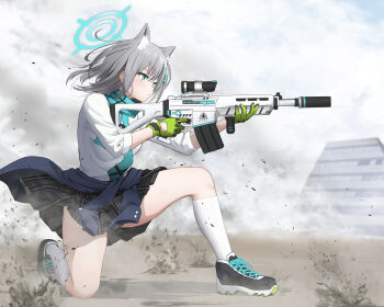 1girl absurdres aiming animal_ear_fluff animal_ears aqua_scarf assault_rifle black_shoes black_skirt blue_archive blue_eyes closed_mouth collared_shirt commentary_request cross_hair_ornament dust extra_ears from_side gibun_(sozoshu) gloves green_gloves grey_hair gun hair_ornament halo highres holding holding_gun holding_weapon kneehighs kneeling long_sleeves plaid_clothes plaid_skirt rifle scarf scope serious shiroko_(blue_archive) shirt shoes skirt sneakers socks solo thighs weapon white_shirt white_socks wolf_ears