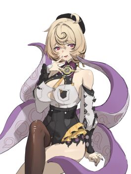 1girl arm_support asymmetrical_shorts bare_shoulders beret birkai black_hat black_shorts blonde_hair breasts brown_thighhighs button_gap cleavage collarbone commentary commentary_request cowboy_shot cowlick crossed_legs detached_sleeves english_commentary hat high-waist_shorts highres invisible_chair large_breasts looking_at_viewer mixed-language_commentary mole mole_under_mouth open_mouth purple_eyes purple_nails shirt short_hair shorts simple_background single_thighhigh sitting sketch solo suction_cups tentacle_girl tentacle_tail tentacles thighhighs torn_clothes torn_thighhighs white_background white_shirt yidhari_murphy zenless_zone_zero