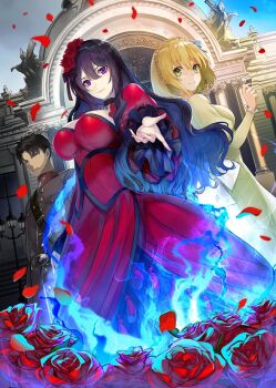 1boy 2girls black_hair blonde_hair blue_bow blue_fire bow breasts closed_mouth commentary_request constance_grail dress eris_no_seihai falling_petals fire flower green_dress green_eyes hair_bow large_breasts long_hair long_sleeves looking_at_viewer military_uniform multiple_girls official_art petals randolph_ulster red_dress red_flower red_petals red_rose rose scarlet_castiel short_hair smile very_long_hair yuunagi_(seventh_heaven)