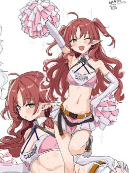 1girl ahoge arknights arm_up armpits blush breasts cheerleader clearite cosplay crop_top ear_piercing elbow_gloves gloves green_eyes halterneck long_hair lying midriff miniskirt myrtle_(arknights) navel on_side piercing pointy_ears pom_pom_(cheerleading) red_hair ribs shoes skirt small_breasts smile two_side_up white_gloves white_shoes white_skirt wulfenite_(arknights) wulfenite_(arknights)_(cosplay) wulfenite_(bouncing_rhythms)_(arknights)